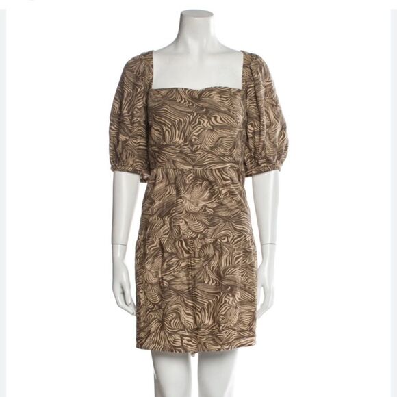 House of Harlow Mini Brown Dress Print Linen Puff Sleeve Babydoll Size S - Picture 4 of 11